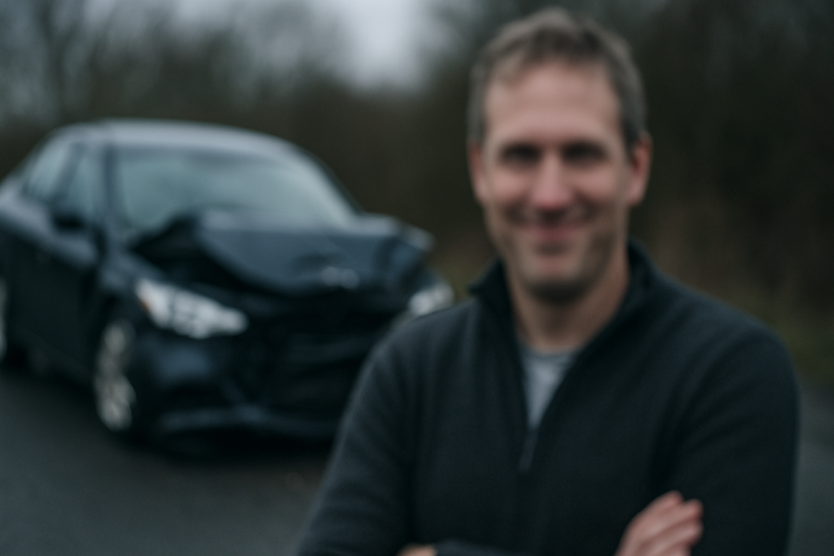 Smiling person in front of crashed car (blurred)